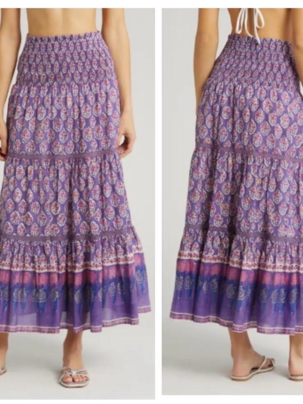 Bell by Alicia Bell MANDY tiered high waisted cotton Maxi skirt purple print XL